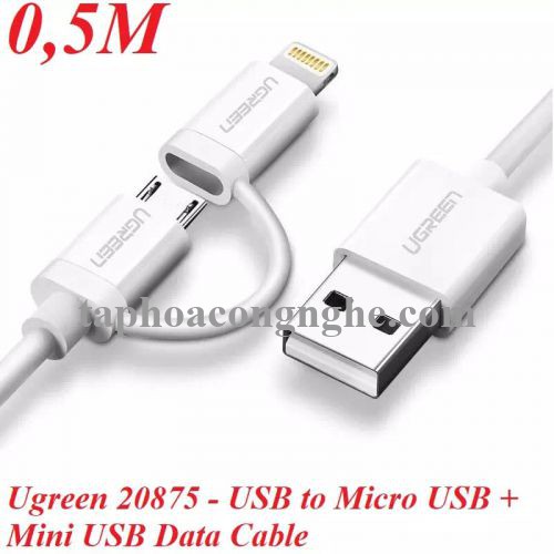 Ugreen 20875 0.5M màu Trắng Cáp sạc đa năng USB sang MicroUSB + Lightning US178 30020875